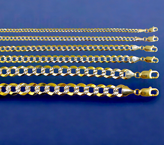 10K Yellow Gold 2mm-6mm Solid Pave Curb Cuban Chain Link Necklace All Sizes